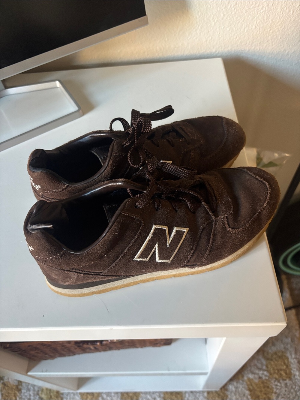New Balance Men’s Brown Suede Athletic Sneakers with Cream Outline